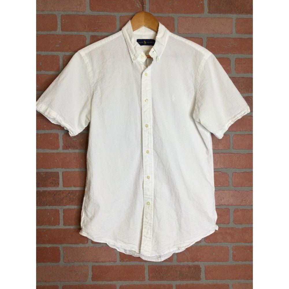 Ralph Lauren Men's White Button Front Shirt Short Sleeve Seersucker Size M